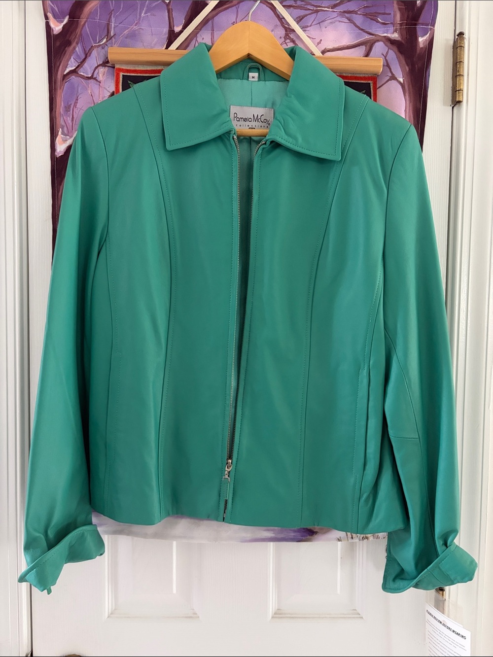 Pamela McCoy Teal Green Leather Zip Jacket